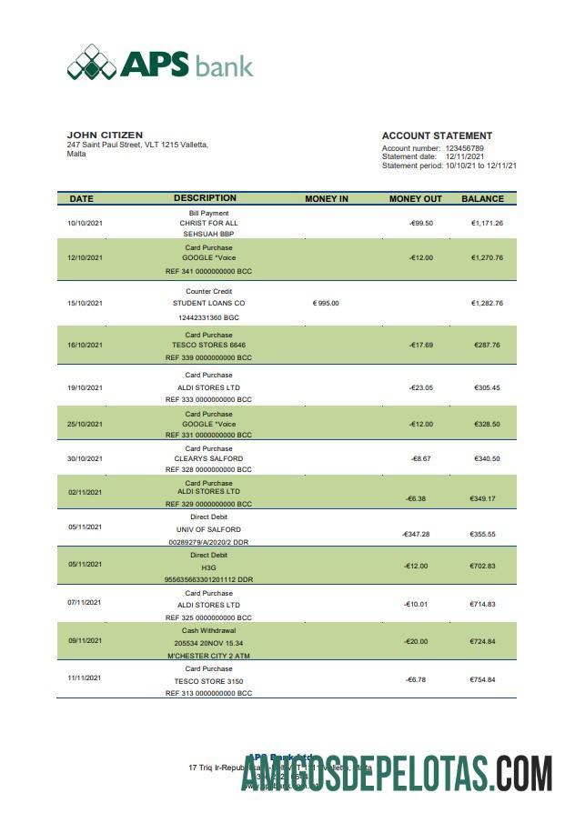 Malta APS modelo de extrato bancário